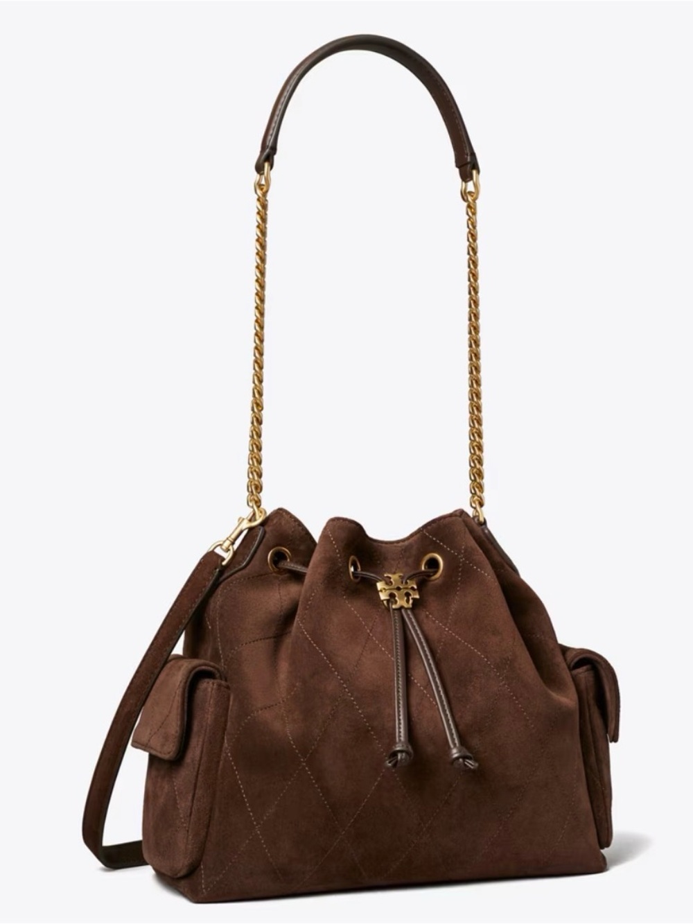 CHARLIE QUILTED SUEDE DRAWSTRING SHOULDER BAG